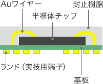 LGAの構造 半導体チップ、Auワイヤー、封止樹脂、基板、ランド（実技用端子）